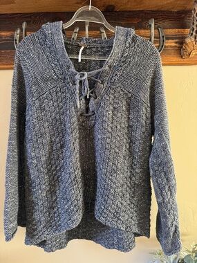 Free People Lace-Up V-Neck Knit Sweater in Heather Blue